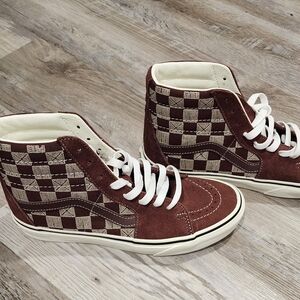 Vans Checkerboard Off The Wall High-Top Sneakers in Burgundy/Brown